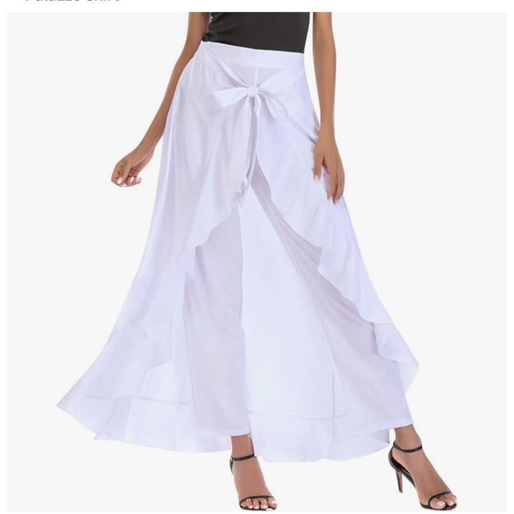 NEW White Ruffle High Waist Pants Skirt Split Maxi Palazzo skirt S